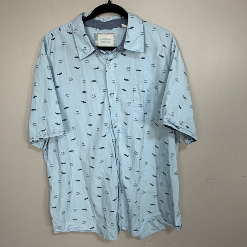 American Threads Mens Light Blue Kayak Mountain Print Short Sleeve Shirt 2XL